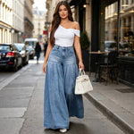 Women's Casual Jeans Fashionable Washed Pleated Large Flare Wide Leg Pants