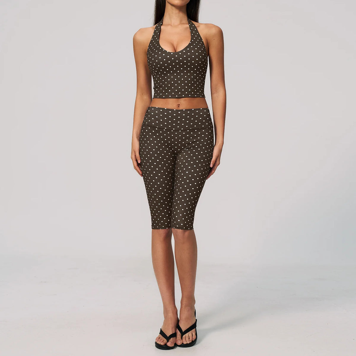 New Summer Women White Polka Dot Print Yoga Sets Hanging Neck Slim Sport Vest High Waist Mid Pants Gym Two-piece Workout Clothes
