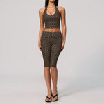 New Summer Women White Polka Dot Print Yoga Sets Hanging Neck Slim Sport Vest High Waist Mid Pants Gym Two-piece Workout Clothes