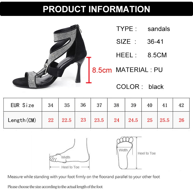 Shiny Crystal High Heels Sandals for Women 2025 Fashion Zipper Stiletto Heel Party Shoes Woman Summer Peep Toe Ankle Sandals