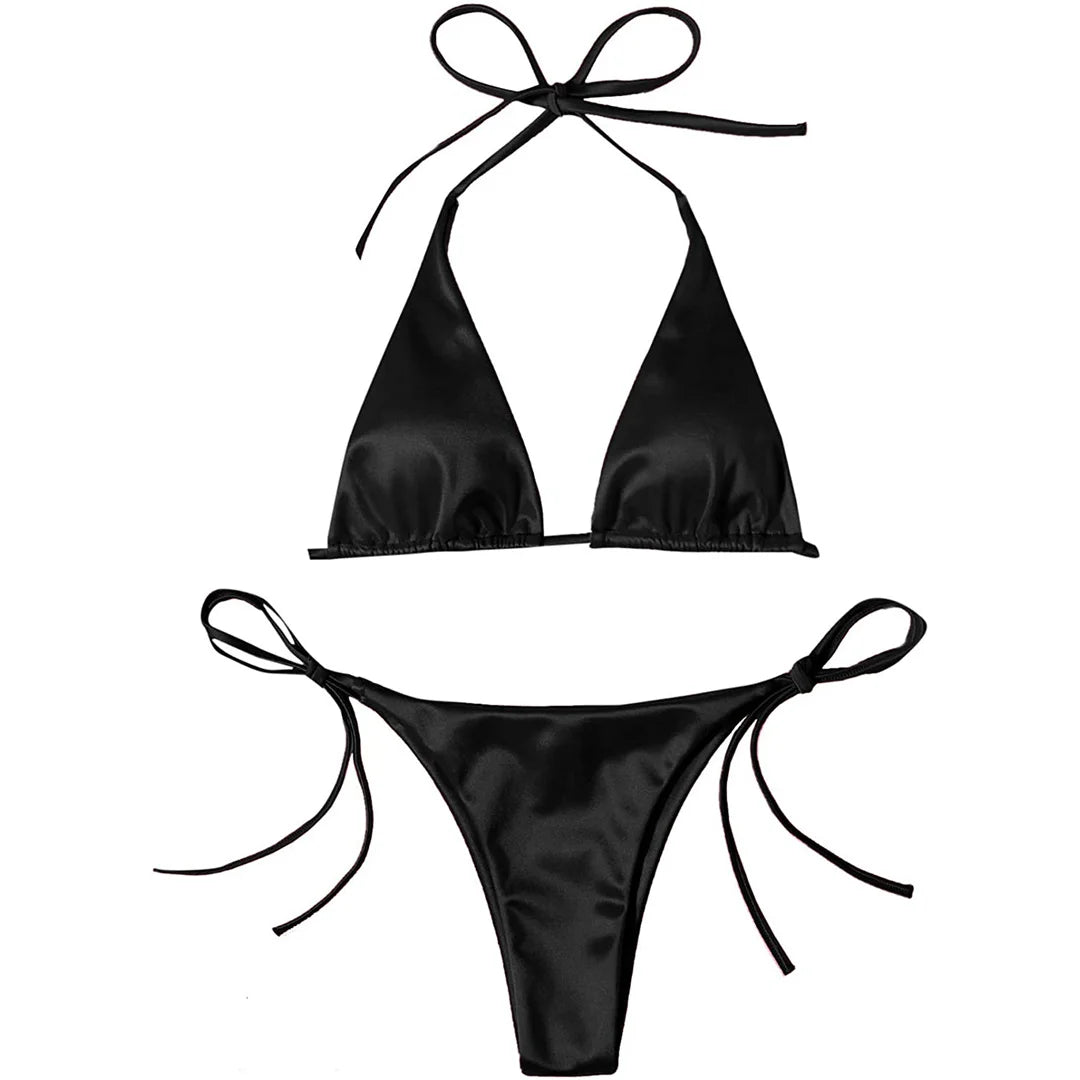 Sexy Satin Halter Brazilian Padded Bikini Female Swimsuit Women Swimwear Two-Pieces Bikini Set Bather Bathing Suit Swim V4966S