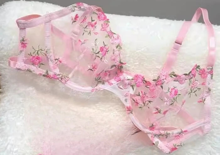 French Floral Bra Set Women | Sweet Sexy Sheer Mesh Lace, Transparent Underwear Set | Practical & Feminine MOYISU Sexy Panty Set