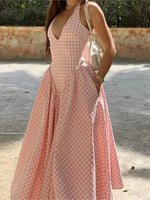 Elegant V-Neck Pleated Long Dresses Women High Waist Summer 2025 French Style Fashion V-neck Backless Lace-up Vacation Vestidos