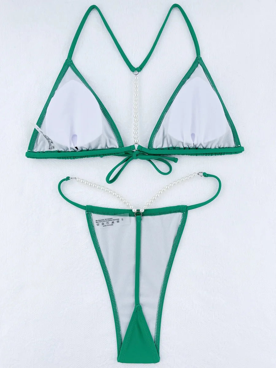 Sexy Pearl Bikinis Extreme Mini Micro String Bikini Female Swimsuit Women Thong Swimwear Two-pieces Bikini Set Bathing Suit Swim