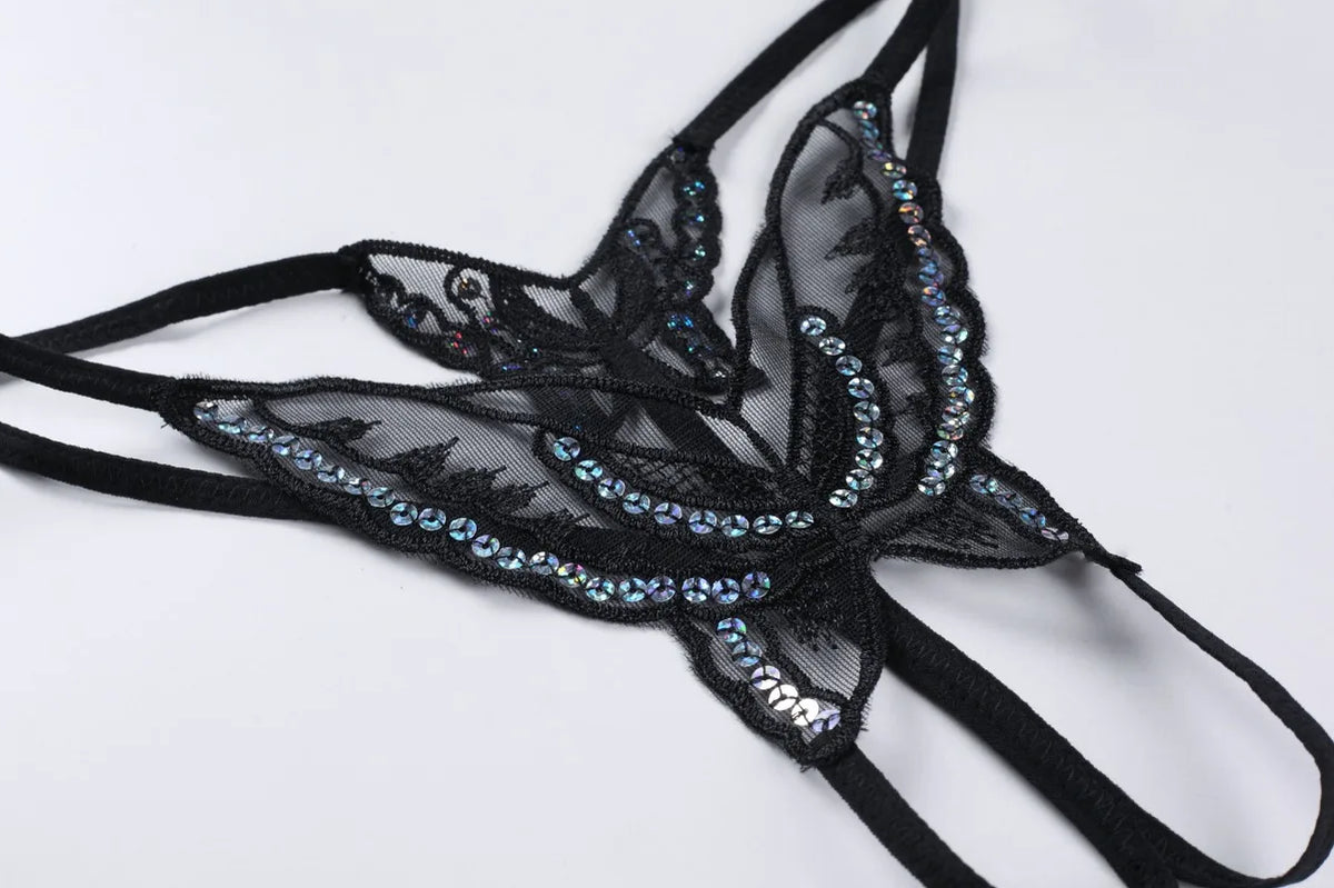 Double-Layer Thin Strap Sexy Thong Butterfly Embroidery Low Waist Sexy Bikini Pure Lace Sequins T-Shaped Panties Sexy G-strings