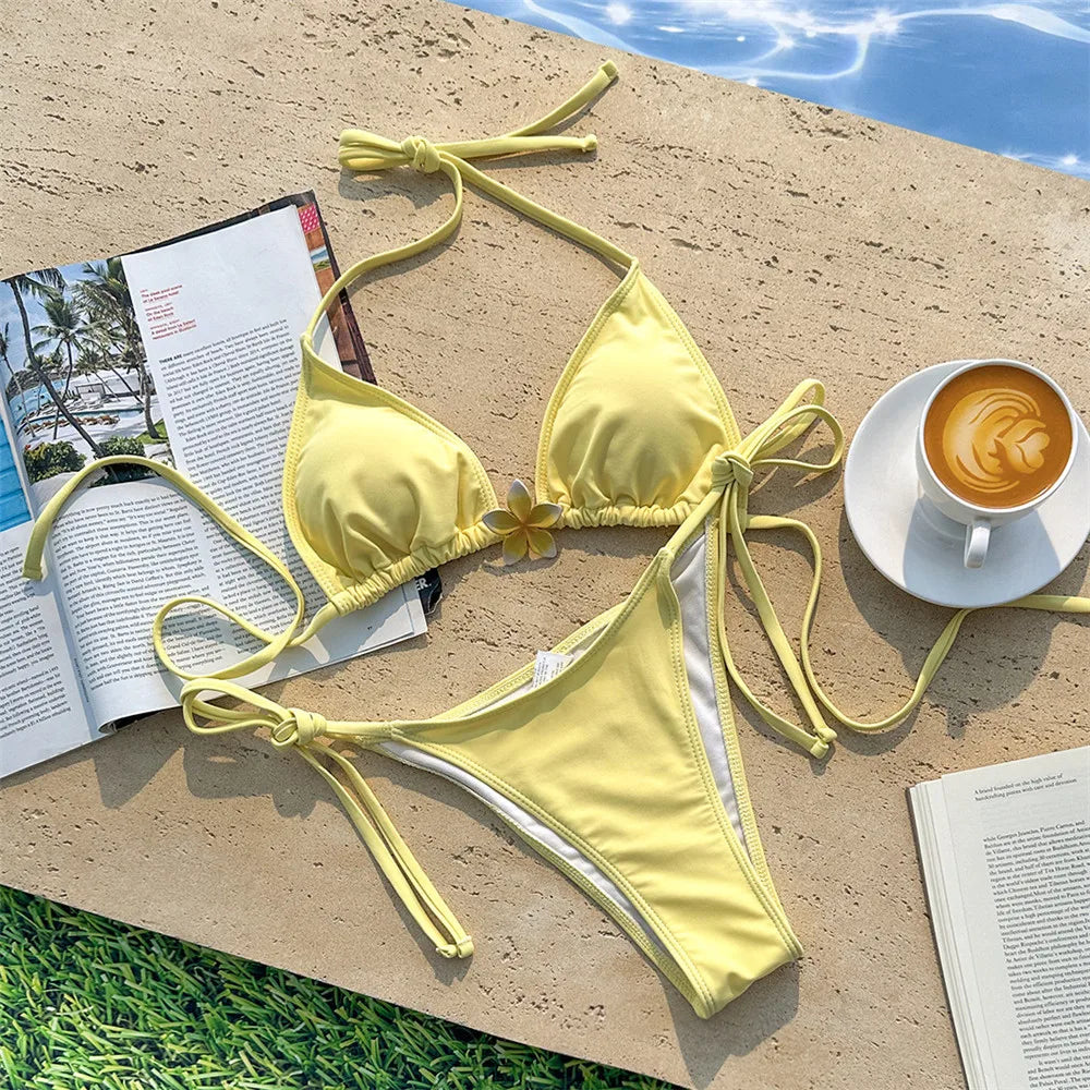 Cute Yellow String Halter Triangle Micro Bikini Thong Femmes Sexy Swimsuit Women Flower Swimwear 2026 Bikinis Sets Bathing Suit
