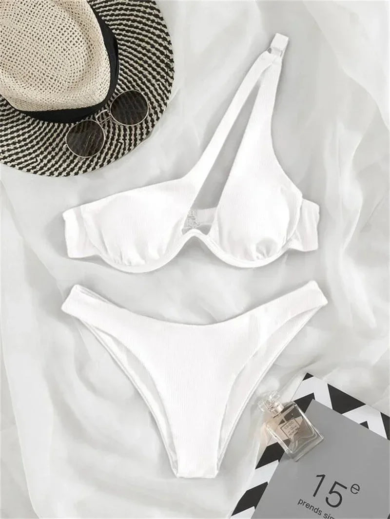 Sexy One Shoulder Bikini Set 2025 Women Red Black Push Up Underwire Micro Swimsuit Brazilian Cut Out Bathing Suit Thong Swimwear