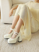 Women Silver Metallic Platform Mary Jane Shoes Double Rhinestone Buckle Chunky Block High Heels Y2K Vintage Square Toe Pumps