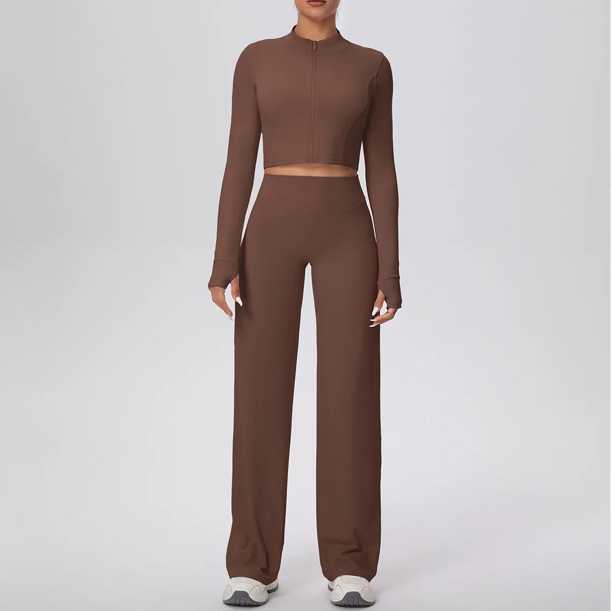 2 Pcs Women's Seamless Yoga Set Long-sleeved Wide-leg Pants Tracksuit Fitness Sports Set High-waisted Hip-lifting Slim-fit Suit