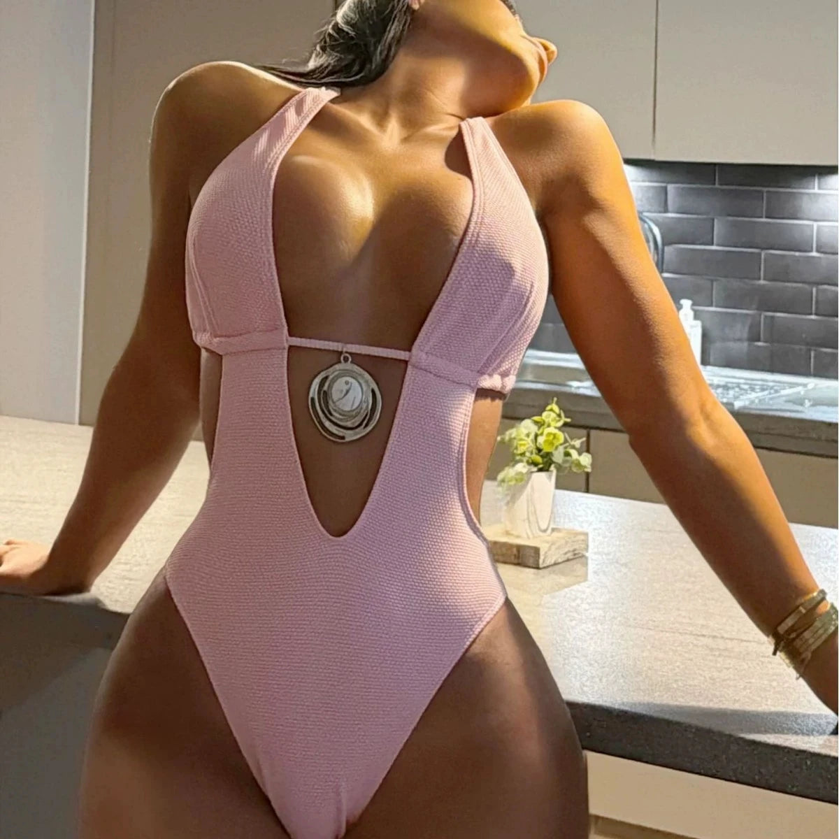 DEKA Pink V Neck One Piece Swimsuit Women Swimwear Cut Out Bodysuit Monokini High Leg Swim Suit Cutout Bathing Suit Beachwear