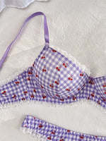 Cherry Print Bralette Set Sweet Lace Trim Women's Lingerie French Style Thin Bra Panty Light Purple Plaid Intimate Underwear Set