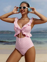 DEKA Girl Light Pink One Piece Swimsuit for Women High Waist Hollow Out Ruffle Suspender Backless Monokini Bikini Beach Swimwear