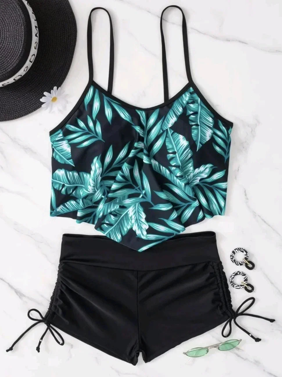 New Green Orange Ruffle Tankini Sets Swimwear High Waist Women Two Pieces Swimsuit Summer Drawstring Sporty Shorts Bathing Suits