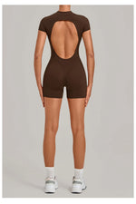 Half-zipper Slimming Yoga Jumpsuit Women Hollow Out Backless Sports One Piece Suits Short Sleeve Butt Lifting Tight Overalls