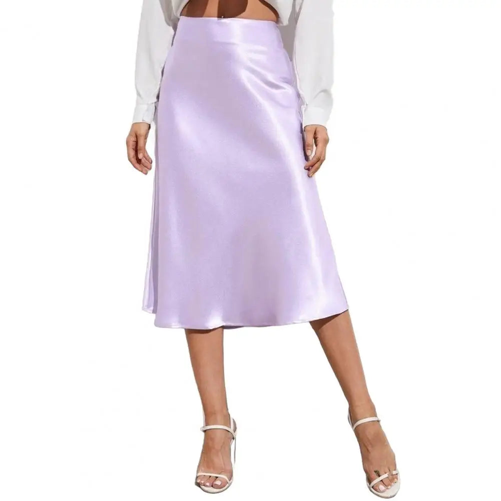 Satin-Like Shiny Skirt Women Midi Skirt High Waist Solid Color Mid-calf Length Skirt Soft Breathable Fabric Work Skirts