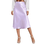 Satin-Like Shiny Skirt Women Midi Skirt High Waist Solid Color Mid-calf Length Skirt Soft Breathable Fabric Work Skirts