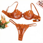 GOLD Floral Embroidery Satin Lingerie Set Sheer Mesh Underwire Bra & Thong Women Sexy Intimates ZA824031