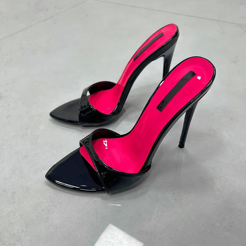 Patchwork Stiletto Heel Slippers Newest Pointed Open Toe One Strap Thin Heel Slip-on Sandals Sexy Big Size Dress Heels 12cm