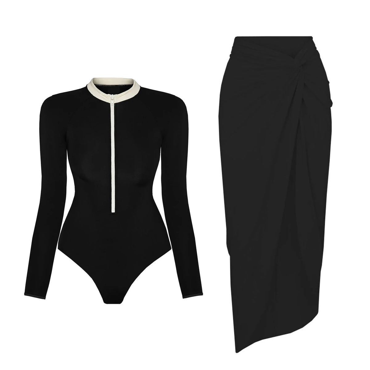 Black And Printed Long Sleeve Swimsuit With Cover Up Sexy Swimwear Women Surf Swim Suit Slimming Bathingsuit Bodysuit Beachwear