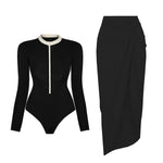 Black And Printed Long Sleeve Swimsuit With Cover Up Sexy Swimwear Women Surf Swim Suit Slimming Bathingsuit Bodysuit Beachwear