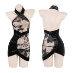 Chinese Traditional Lace Cheongsam Mini Dress Women Sexy Lingerie See-through Embroidery Halter Elegant Qipao Skirt