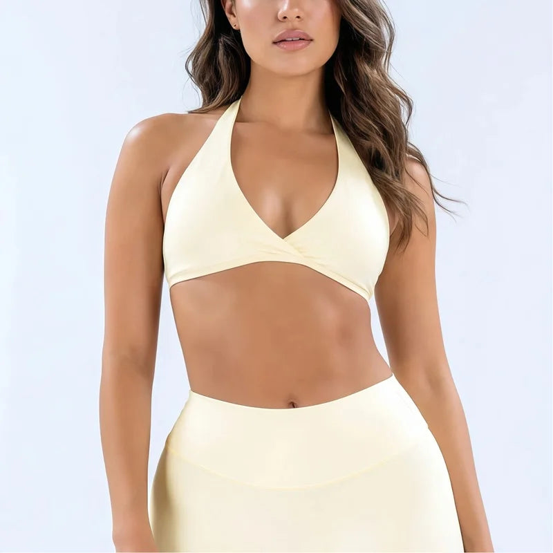 HISTELLO Origin Halter Bra Women Gym Underwear Removable Pads Sports Bra Backless Fitness Top Sexy Pilates Yoga Workout Clothing
