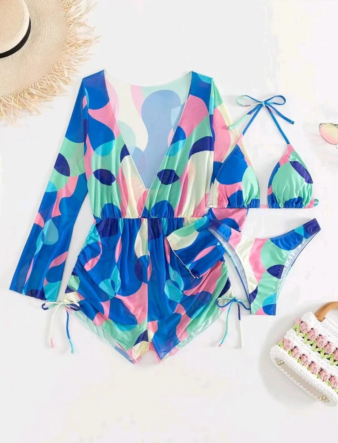 2024 New Swimsuit 3 Pcs Set Thong Bikini with Rompers Womens Jumpsuit Beach Wear Print Swimwear Sexy Bathing Suit Pool Beachwear