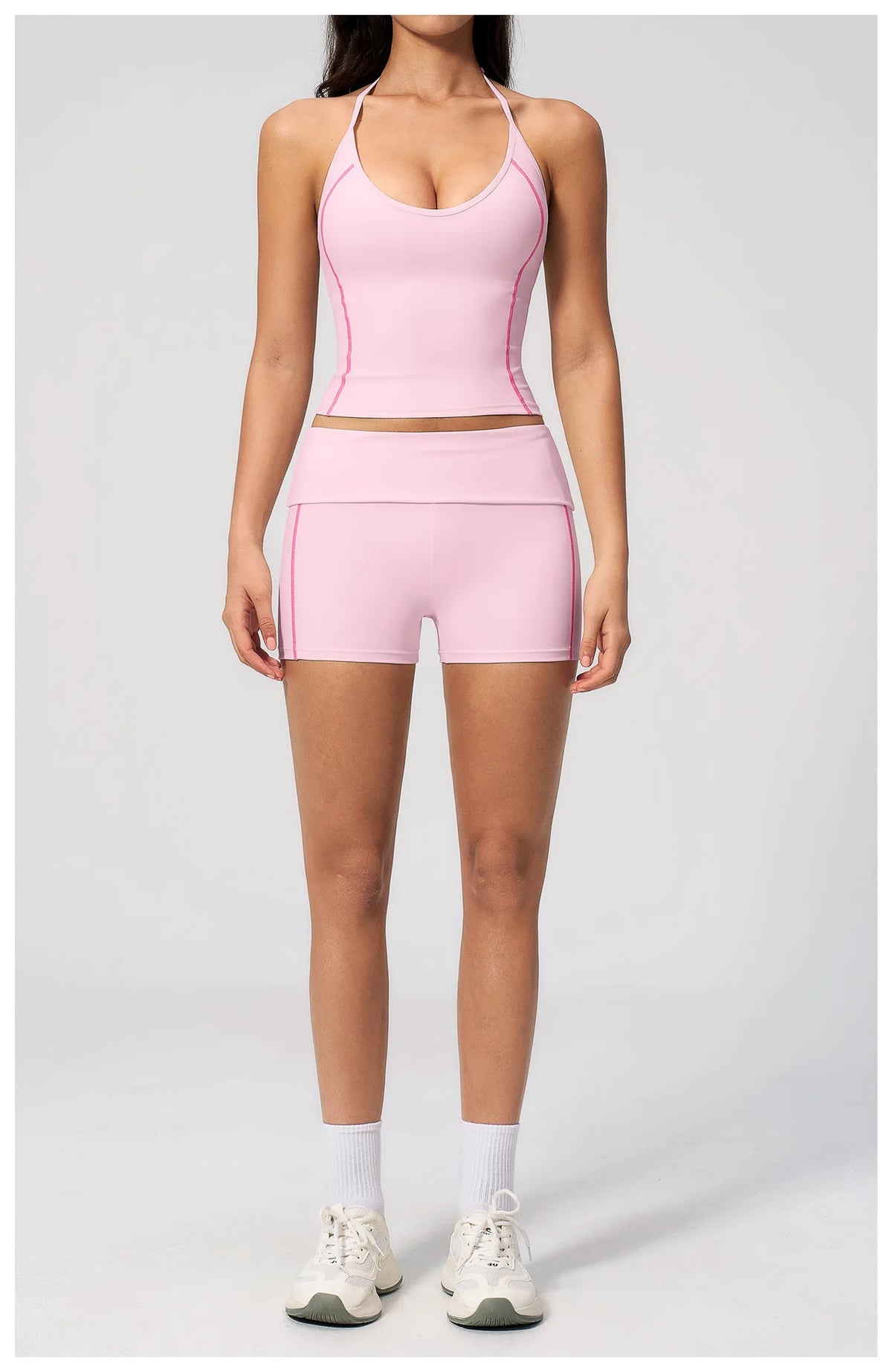 2PCS Women Yoga Sets Color Contrast Hanging Neck V Neck Slimming Sports Tank Top Flip High Waist Shorts Gym Running Fitness Suit
