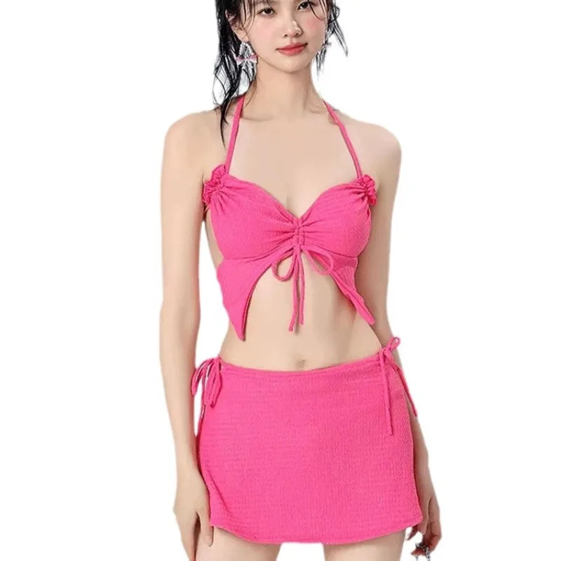 Vacation Beach Ins Rose Red Bikini Three Piece Swimsuit Women's Small Chest Internet Famous Swimsuit Butterfly Sexy Spicy Girl