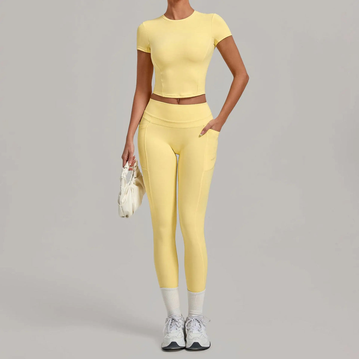 Women Tracksuit Yoga Sets Short Sleeve Slim Sports T Shirts Workout Clothes Outdoor Tight High Waist Pocket Pants Fitness Suits