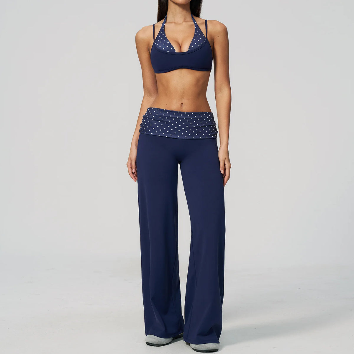 Fake Two-piece Sports Bra Yoga Sets Women Coffee Striped Patchwork Folding High Waist Wide Leg Pants Gym Running Fitness Suits