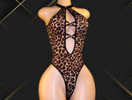 Sexy Leopard Print Halter Neck Bodysuit for Women, Backless Deep V Hollow Out Teddy Lingerie with Rhinestone Heart Decor
