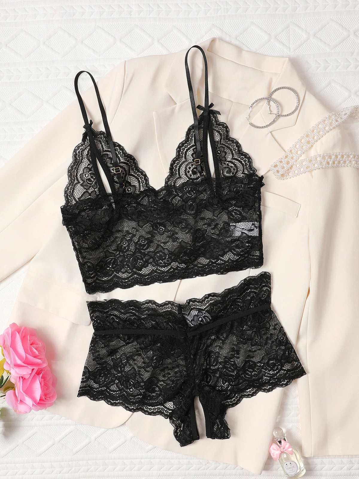 Pullover Open Bra See Through Fancy Underwear Uncensored Luxury Lace Hollow Sets Crotchless Outfits Intimate No Pad Wireless