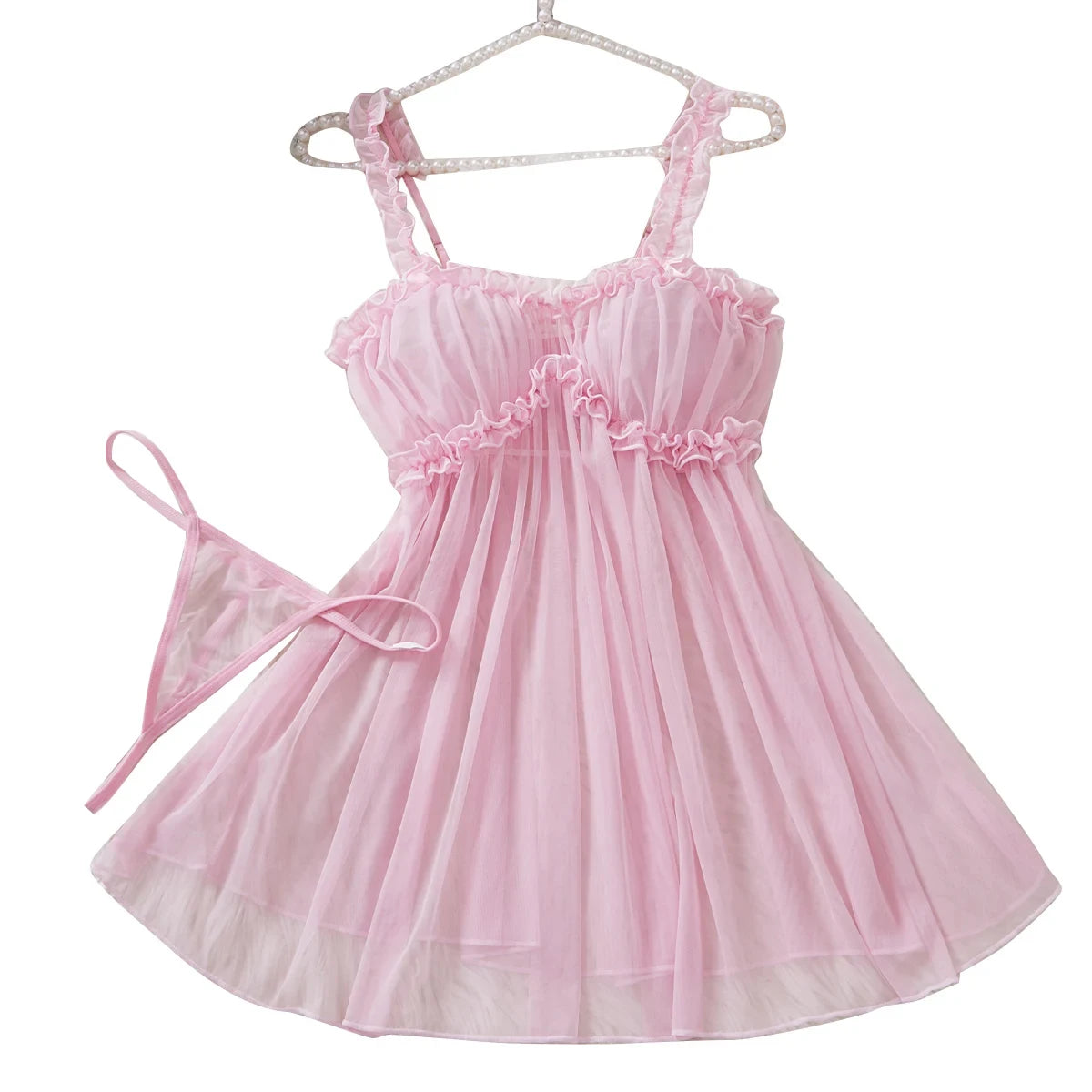 Women Mesh Nightdress Bow Pink Dress With Thong Underwear Valentine Day Gift