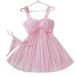 Women Mesh Nightdress Bow Pink Dress With Thong Underwear Valentine Day Gift