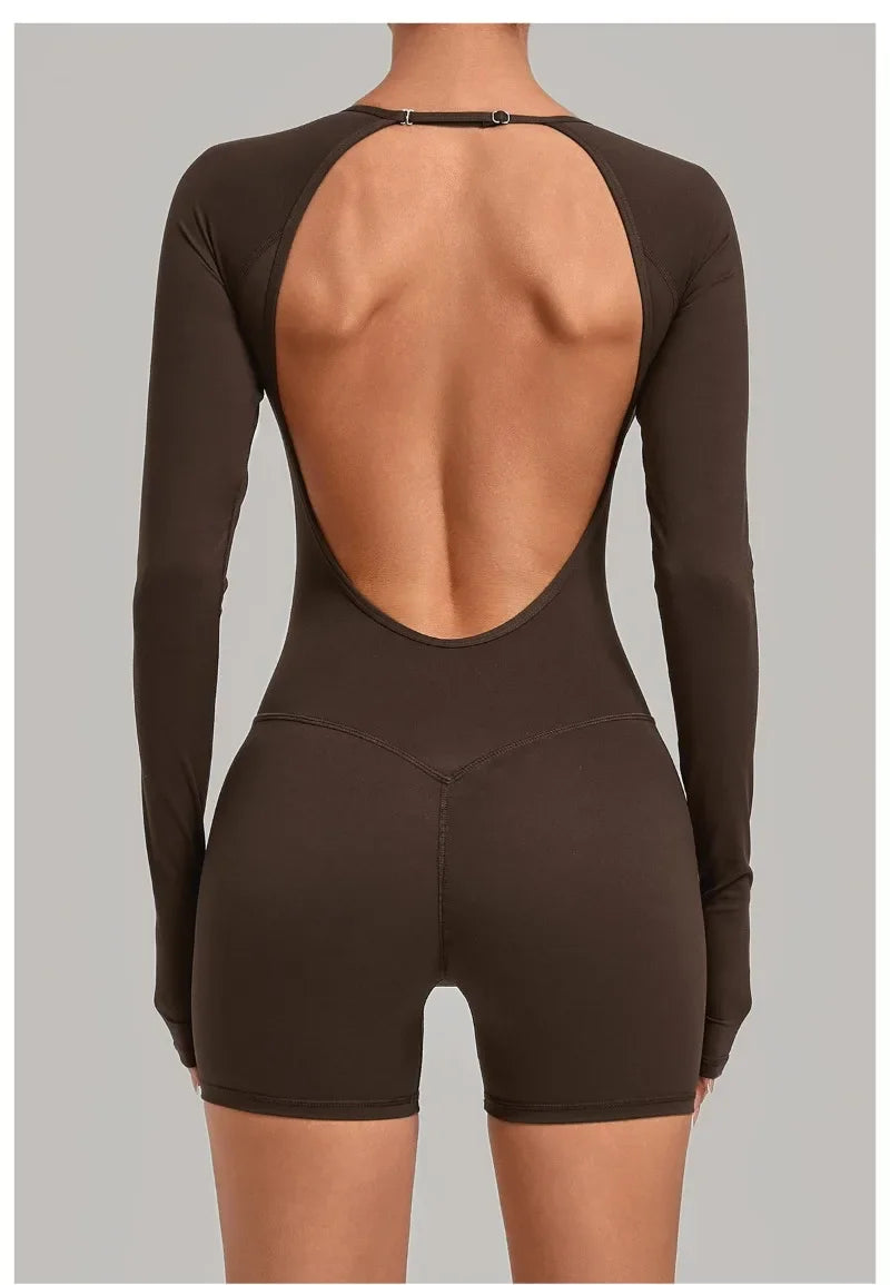 Women's Yoga Jumpsuits Sports Fitness Hip-lifting Long-sleeved Backless Running Training Workout Gym Shorts One-piece Bodysuits