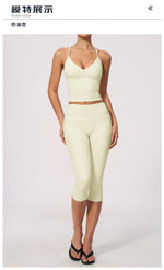 Summer Color Blocking Yoga Suit Women Tracksuit Hanging Neck V Neck Slim Sports Vest Tight Hip Lifting Capri Pants Fitness Sets