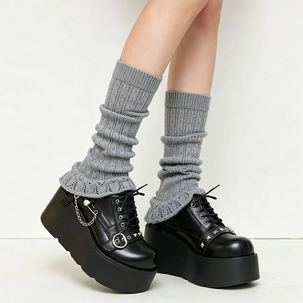 New Arrival Gothic Black Rivets Platform Creepers Shoes White Chain Decor Goth Creepers Chunky Lace Up Lolita Casual Shoes