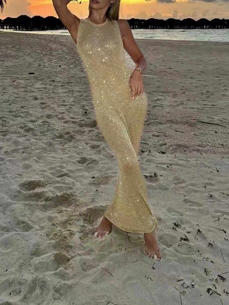 Sexy Glitter Backless Knitwear Tank Dress Sleeveless Slim Fishtail Dresses 2025 Women's Party Evening Vestidos Maxi Dress