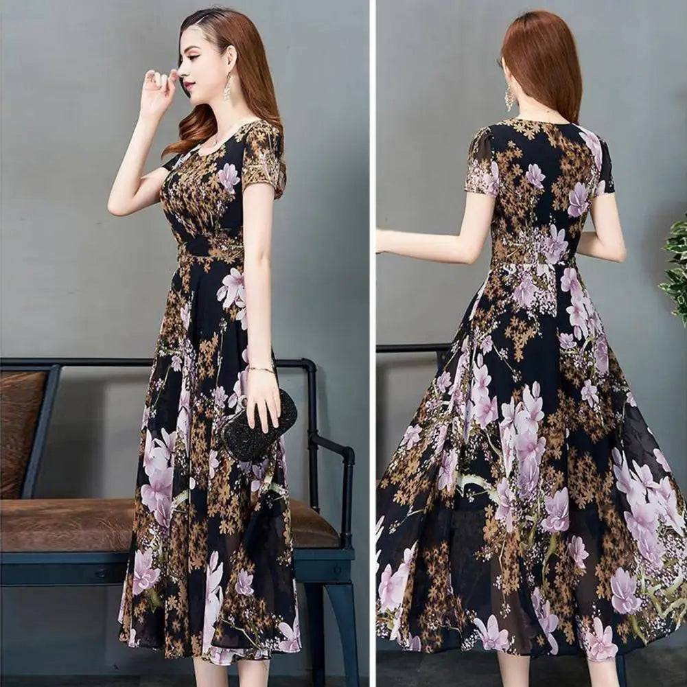 Summer Women Dress Floral Print A-line Big Hem High Waist Short Sleeves Round Neck Pleated Mid-calf Length Party Commute Dress