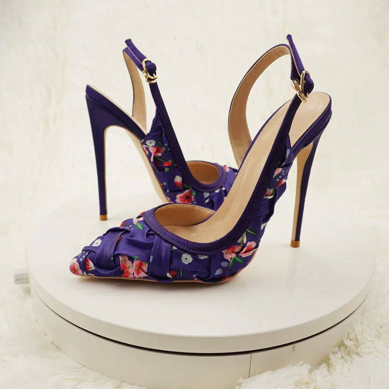 NoEnName_Null-Blue satin women's high heel sandals, dance, flowers, Silk patterned high-heeled shoes 12cmBanquet shoes
