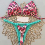 DEKA Sexy Green Floral Print Bikini Set Swimwear Women Braiding Rope Strap Patchwork Bandage Push Up Bathing Suit Thong Swimsuit