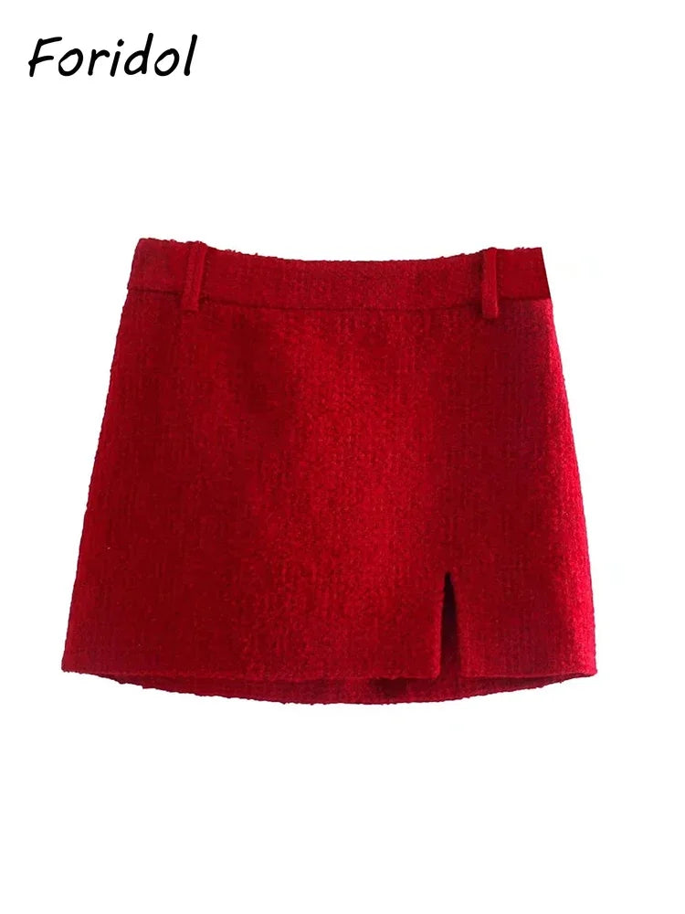 Foridol Double Breasted O Neck Short Blazer Skirt Sets Two Pieces Office Ladies Red Winter Thick Cozy Suits Elegant Blazer Top