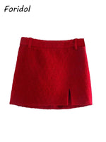 Foridol Double Breasted O Neck Short Blazer Skirt Sets Two Pieces Office Ladies Red Winter Thick Cozy Suits Elegant Blazer Top