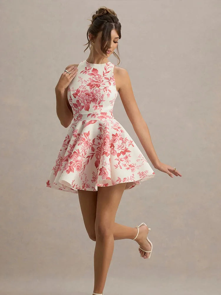 Tank A-Line Mini Dress For Women Fashion Sexy Streetwear Floral Printed Sleeveless Halter Neck Backless Lace-up Vestidos Female