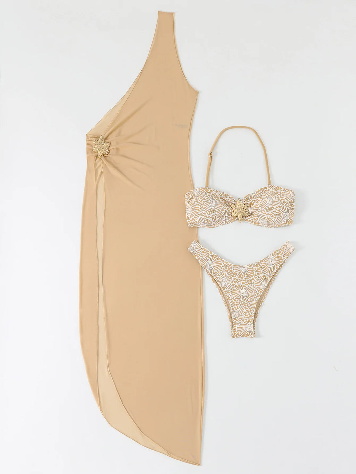 2026 Nude Three Piece Swimsuit Women Swimwear Sexy Bandeau Thong Bikini Sets Monokini Beach Bathing Suit Long Dress Vacation