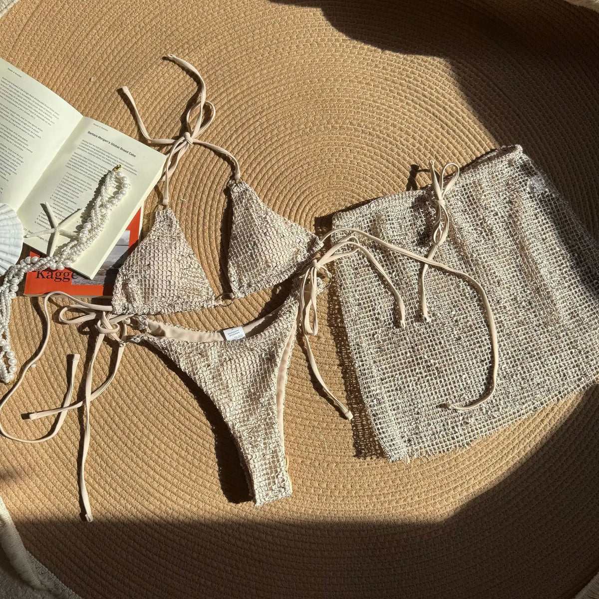 With Mesh Sarong Skirt Halter Bikini Women Swimwear Female Swimsuit Three-pieces Bikini Set Fishnet Bathing Suit Swim Beachwear