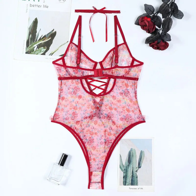 Toucheart Sexy Women Lace Backless InterestingBabydoll Bodysuit Wrap Dress High Waisted Printing Bow KnotBabydoll Bodysuit