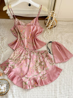 New Women Satin Pajama Set Cherry Print V Neck Top Ruffle Shorts Versatile Outfit Wearable Outside Elegant Sleepwear