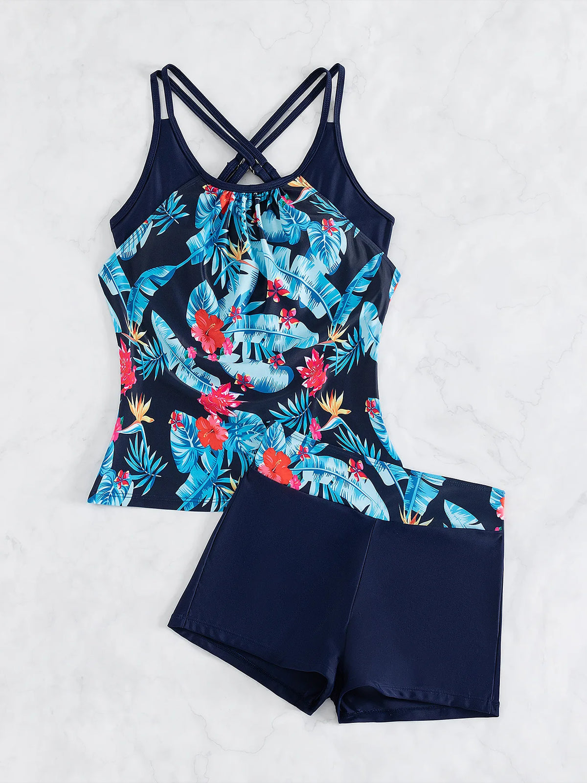 Women's Conservative 2 Piece Swimsuit Black Stripe Print Patchwork Tankini Bikini Set Suspender Cross Backless Bathing Suit 2025